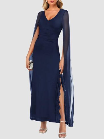 ADEWEL Women's V Neck Flowy Long Sleeve Side Split Sexy Mesh Ruched Formal Maxi Dress Cocktail Party Long Dresses with Cape in Kuwait