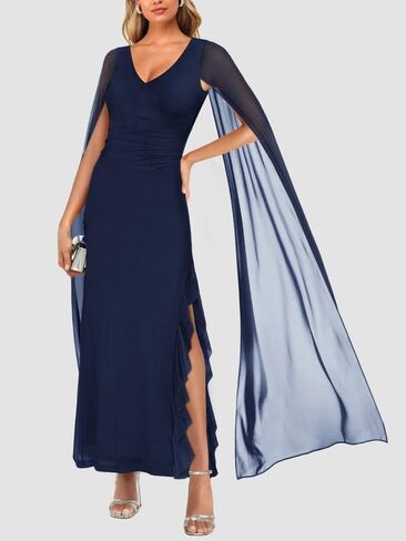 ADEWEL Women's V Neck Flowy Long Sleeve Side Split Sexy Mesh Ruched Formal Maxi Dress Cocktail Party Long Dresses with Cape in Kuwait