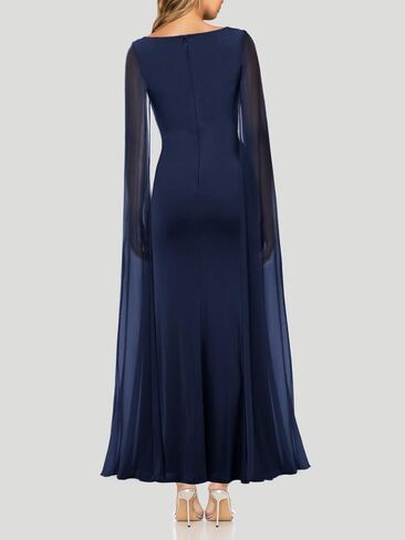 ADEWEL Women's V Neck Flowy Long Sleeve Side Split Sexy Mesh Ruched Formal Maxi Dress Cocktail Party Long Dresses with Cape in Kuwait