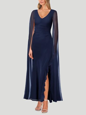 ADEWEL Women's V Neck Flowy Long Sleeve Side Split Sexy Mesh Ruched Formal Maxi Dress Cocktail Party Long Dresses with Cape in Kuwait