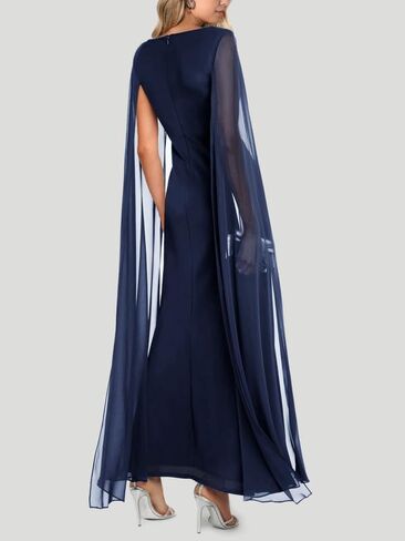 ADEWEL Women's V Neck Flowy Long Sleeve Side Split Sexy Mesh Ruched Formal Maxi Dress Cocktail Party Long Dresses with Cape in Kuwait