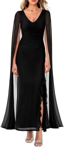 ADEWEL Women's V Neck Flowy Long Sleeve Side Split Sexy Mesh Ruched Formal Maxi Dress Cocktail Party Long Dresses with Cape in Kuwait