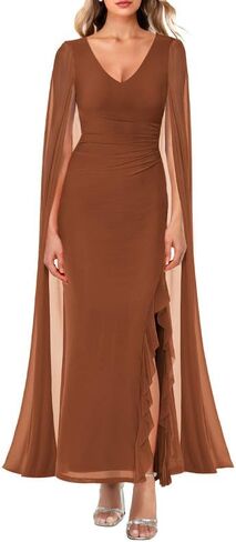 ADEWEL Women's V Neck Flowy Long Sleeve Side Split Sexy Mesh Ruched Formal Maxi Dress Cocktail Party Long Dresses with Cape in Kuwait