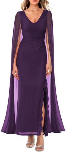 ADEWEL Women's V Neck Flowy Long Sleeve Side Split Sexy Mesh Ruched Formal Maxi Dress Cocktail Party Long Dresses with Cape in Kuwait