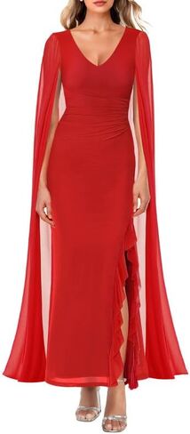 ADEWEL Women's V Neck Flowy Long Sleeve Side Split Sexy Mesh Ruched Formal Maxi Dress Cocktail Party Long Dresses with Cape in Kuwait