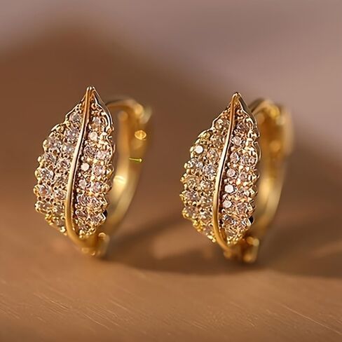 Gold Plated White Cubic Zirconia Leaf-Shaped Hoop Earrings for Women Wedding Bridal Daily Evening Parties Wear Lightweight Jewelry Earring Gift for Her in Saudi Arabia