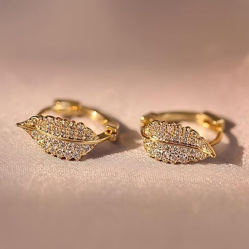 Gold Plated White Cubic Zirconia Leaf-Shaped Hoop Earrings for Women Wedding Bridal Daily Evening Parties Wear Lightweight Jewelry Earring Gift for Her in Saudi Arabia