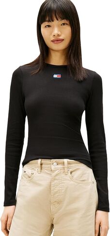 Tommy Jeans Womens Long Sleeve Ribbed Graphic Tee with Embroidered Flag Detail in Kuwait