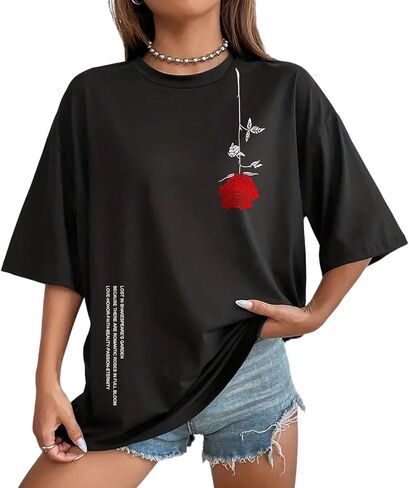 UOUA Women Oversized Graphic T-Shirt Casual Cotton Tees Printed Summer Tops in Saudi Arabia
