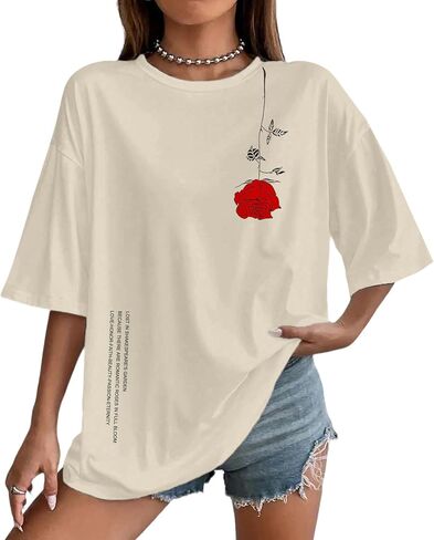 UOUA Women Oversized Graphic T-Shirt Casual Cotton Tees Printed Summer Tops in Saudi Arabia