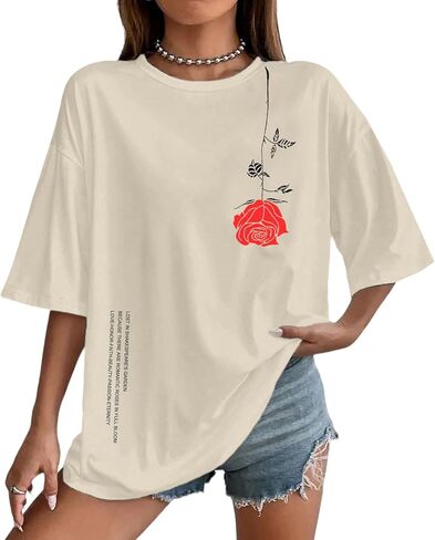 UOUA Women Oversized Graphic T-Shirt Casual Cotton Tees Printed Summer Tops in Saudi Arabia
