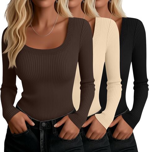 Ficerd 3 Pack Women Long Sleeve Ribbed Tops Scoop Neck T-Shirts Thermal Undershirts Casual Slim Fitted Basic Layer Tees in Saudi Arabia