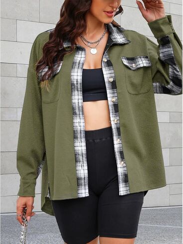 Womens Waffle Knit Plaid Shacket Boyfriend Button Down Shirt Jacket Loose Long Sleeve Tops in Saudi Arabia