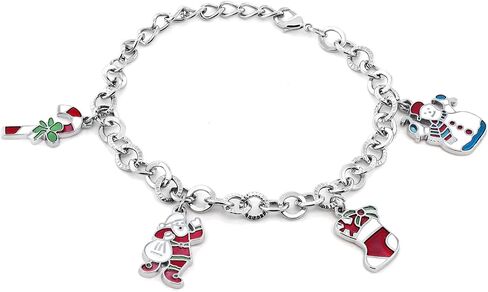 Gem Stone King Santa Snowman Stocking Candy Cane Charm Holiday Bracelet (7 Inch, with Lobster Lock) in Saudi Arabia