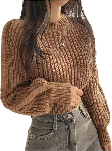 MakeMeChic Women's Cable Knit Crew Neck Sweater Long Sleeve Tight Hem Pullover Crop Tops in Saudi Arabia