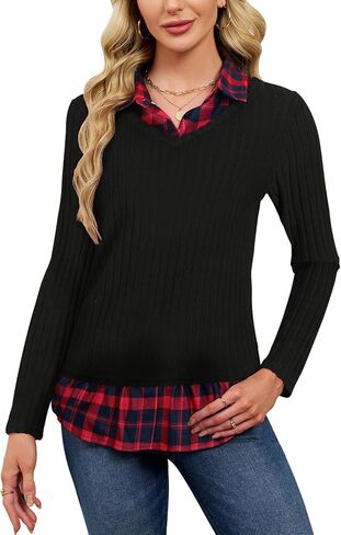 Collared Sweaters for Women Long Sleeve Shirt Sweater Combo Twofer Tops 2 in 1 Plaid Patchwork Layered Shirts in Kuwait
