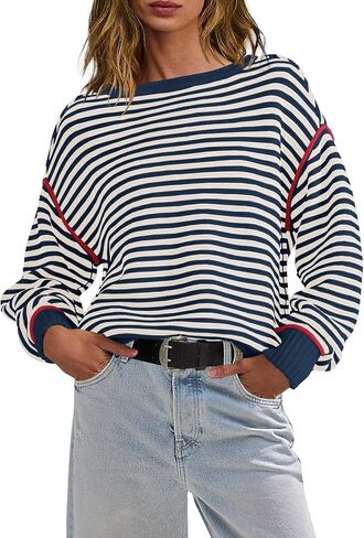 Panadila Womens Striped Oversized Sweater Fall Chunky Long Sleeve Pullover Sweaters Cable Knit Color Block Sweater Tops in Saudi Arabia