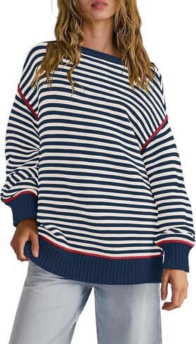 Panadila Womens Striped Oversized Sweater Fall Chunky Long Sleeve Pullover Sweaters Cable Knit Color Block Sweater Tops in Saudi Arabia