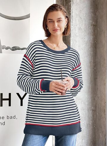 Panadila Womens Striped Oversized Sweater Fall Chunky Long Sleeve Pullover Sweaters Cable Knit Color Block Sweater Tops in Saudi Arabia