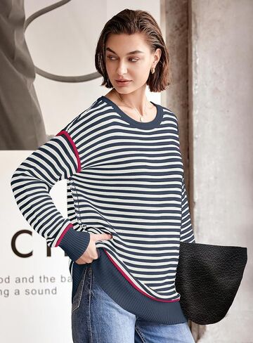 Panadila Womens Striped Oversized Sweater Fall Chunky Long Sleeve Pullover Sweaters Cable Knit Color Block Sweater Tops in Saudi Arabia