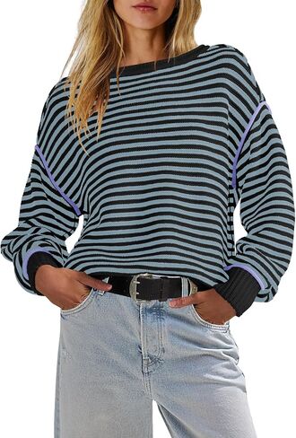 Panadila Womens Striped Oversized Sweater Fall Chunky Long Sleeve Pullover Sweaters Cable Knit Color Block Sweater Tops in Saudi Arabia