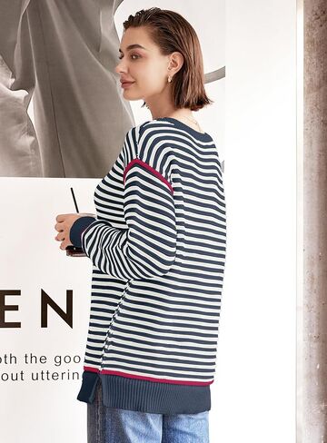 Panadila Womens Striped Oversized Sweater Fall Chunky Long Sleeve Pullover Sweaters Cable Knit Color Block Sweater Tops in Saudi Arabia