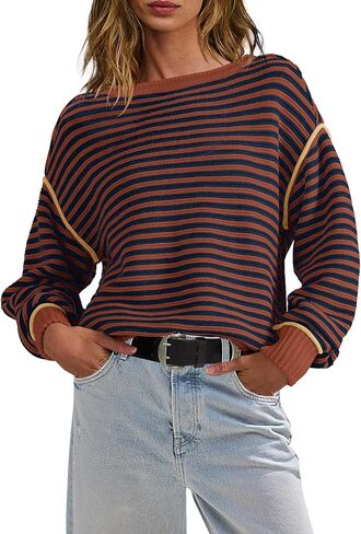 Panadila Womens Striped Oversized Sweater Fall Chunky Long Sleeve Pullover Sweaters Cable Knit Color Block Sweater Tops in Saudi Arabia