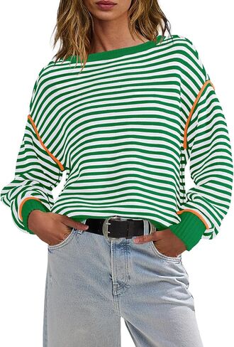Panadila Womens Striped Oversized Sweater Fall Chunky Long Sleeve Pullover Sweaters Cable Knit Color Block Sweater Tops in Saudi Arabia
