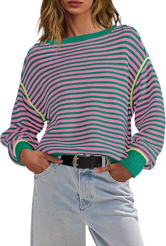 Panadila Womens Striped Oversized Sweater Fall Chunky Long Sleeve Pullover Sweaters Cable Knit Color Block Sweater Tops in Saudi Arabia