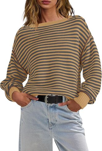 Panadila Womens Striped Oversized Sweater Fall Chunky Long Sleeve Pullover Sweaters Cable Knit Color Block Sweater Tops in Saudi Arabia