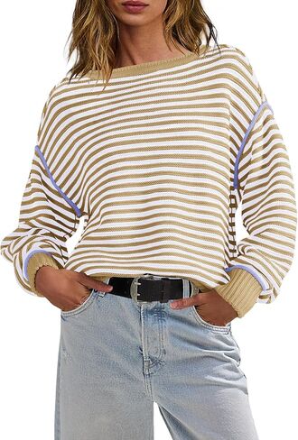 Panadila Womens Striped Oversized Sweater Fall Chunky Long Sleeve Pullover Sweaters Cable Knit Color Block Sweater Tops in Saudi Arabia