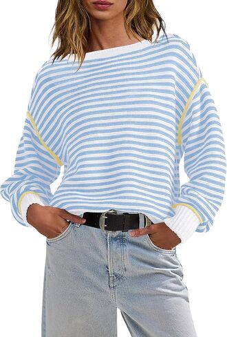 Panadila Womens Striped Oversized Sweater Fall Chunky Long Sleeve Pullover Sweaters Cable Knit Color Block Sweater Tops in Saudi Arabia