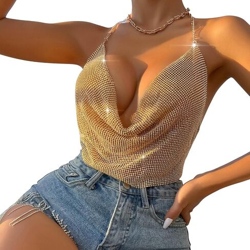 Sparkly Top for Women Metallic Sequin Deep V Neck Crop Tank Chain Cami Body for Body Size S,M,L in Saudi Arabia