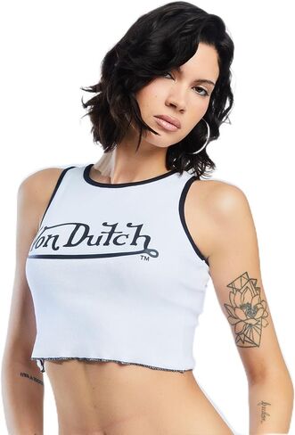 توب بدون أكمام نسائي مضلع من Von Dutch | قميص قصير بدون أكمام ومتماسك بشعار أمامي، مصنوع من قطن سباندكس in Saudi Arabia