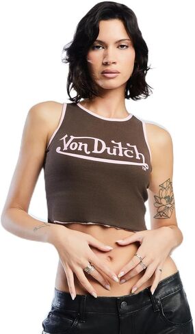 توب بدون أكمام نسائي مضلع من Von Dutch | قميص قصير بدون أكمام ومتماسك بشعار أمامي، مصنوع من قطن سباندكس in Saudi Arabia