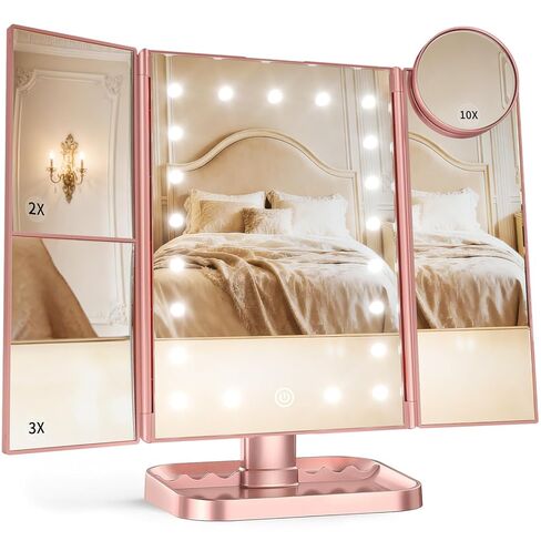 HUONUL Makeup Mirror Vanity Mirror with Lights, 2X 3X 10X Magnification, Lighted Makeup Mirror, Touch Control, Trifold Makeup Mirror, Dual Power Supply, Portable LED Makeup Mirror, Women Gift (White) in Saudi Arabia
