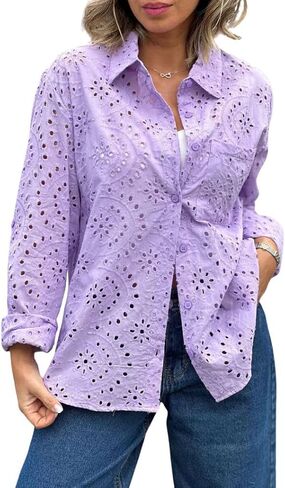 chouyatou Women's Crochet Eyelet Button Down Rolled Up Long Sleeve Boho Shirt Blouse Tops in Saudi Arabia