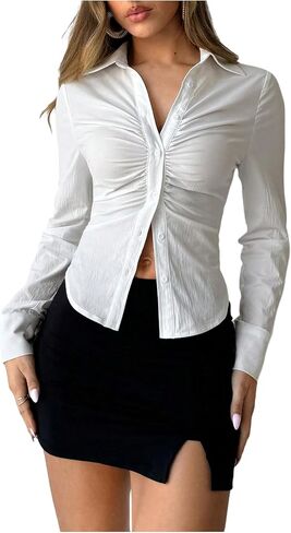 SHENHE Women's Button Down Long Sleeve Ruched Shirt Slim Fit Work Business Blouse Top in Saudi Arabia