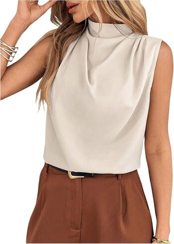 SHENHE Women's Mock Neck Sleeveless Ruched Blouse Dressy Casual Business Work Draped Top in Saudi Arabia
