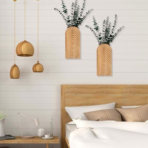 مجموعة مزهرية حائط خشبية فارغة مكونة من قطعتين: مزرعة حديثة وديكور بوهو لعشب بامباس، والزهور المجففة، والخضرة الصناعية - زارع معلق لغرفة المعيشة، والحمام، وفوق الأريكة، والمكتب in Kuwait