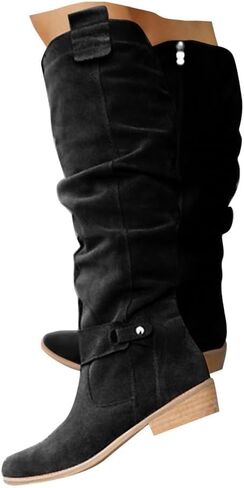 Women's Slouchy Knee High Boots,Wide Calf Slouchy Ruched Suede Cutout Side Zipper Chunky Block Low Heels Almond Toe Booties Vintage Leather Wide Width Pull On Breathable Comfortable Dress Long Booties in Saudi Arabia