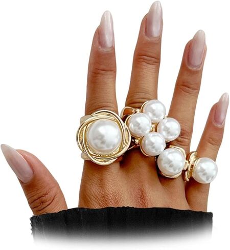 Chunky Pearl Stackable Finger Ring Set Adjustable Open Statement Knuckle Rings for Women Flower Shape Ring Trendy Prom Party Wedding Accessories in Saudi Arabia