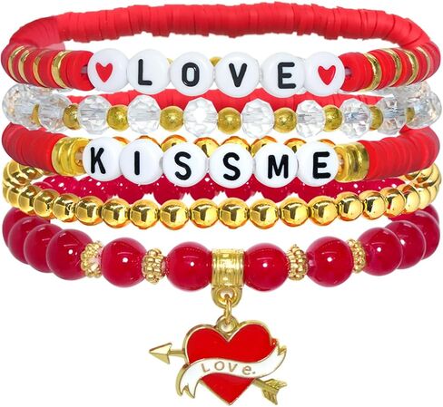Valentines Gifts for Her Red Pink Love Heart Heishi Letter Beaded Bracelet Set for friends, Girlfriend, Wife, Sister, Galentines, Women in Saudi Arabia