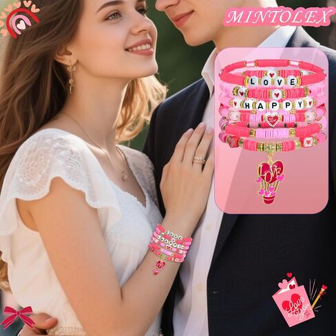 Valentines Gifts for Her Red Pink Love Heart Heishi Letter Beaded Bracelet Set for friends, Girlfriend, Wife, Sister, Galentines, Women in Saudi Arabia