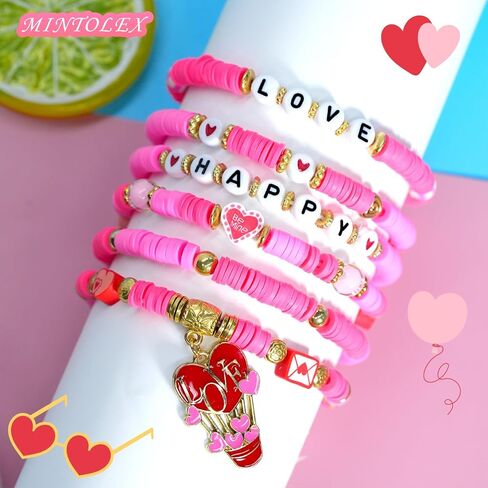 Valentines Gifts for Her Red Pink Love Heart Heishi Letter Beaded Bracelet Set for friends, Girlfriend, Wife, Sister, Galentines, Women in Saudi Arabia