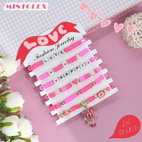 Valentines Gifts for Her Red Pink Love Heart Heishi Letter Beaded Bracelet Set for friends, Girlfriend, Wife, Sister, Galentines, Women in Saudi Arabia