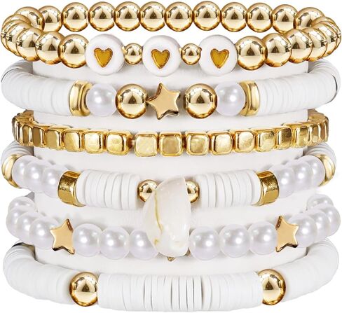 6Pcs Surfer Heishi Friendship Bracelets Set Stackable Stretch Clay Bead Bracelets for Women Preppy Elastic Layering Bracelets Boho Aesthetic Summer Beach Jewelry (White) in Saudi Arabia