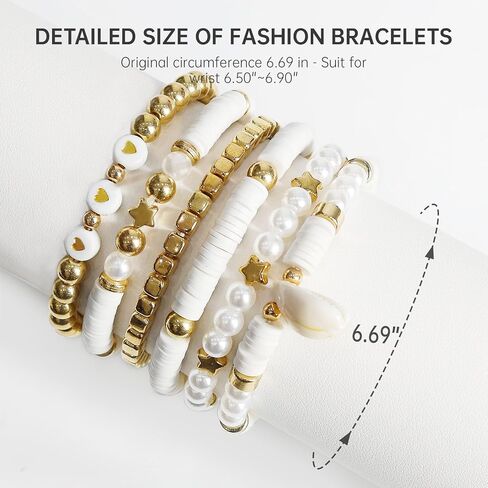 6Pcs Surfer Heishi Friendship Bracelets Set Stackable Stretch Clay Bead Bracelets for Women Preppy Elastic Layering Bracelets Boho Aesthetic Summer Beach Jewelry (White) in Saudi Arabia