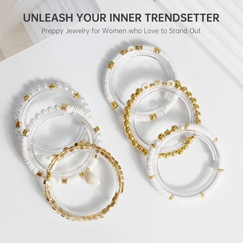 6Pcs Surfer Heishi Friendship Bracelets Set Stackable Stretch Clay Bead Bracelets for Women Preppy Elastic Layering Bracelets Boho Aesthetic Summer Beach Jewelry (White) in Saudi Arabia