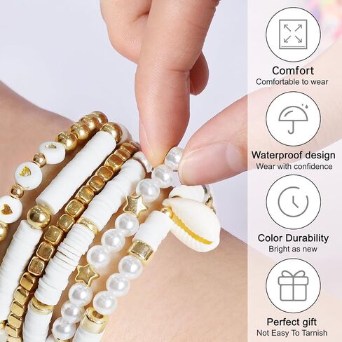 6Pcs Surfer Heishi Friendship Bracelets Set Stackable Stretch Clay Bead Bracelets for Women Preppy Elastic Layering Bracelets Boho Aesthetic Summer Beach Jewelry (White) in Saudi Arabia